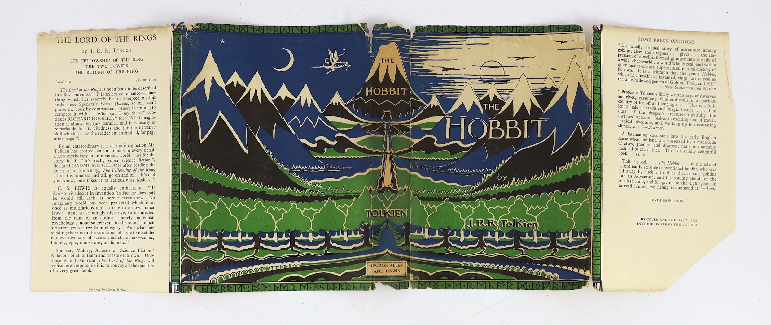 J.R.R. Tolkein - The Hobbit or There and Back Again, 2nd edition, 10th impression, (overall). coloured frontis. and 8 text illus. (7 full-page, by the author), 2 maps (in red and black) on e/ps.; publisher's pictorial cl